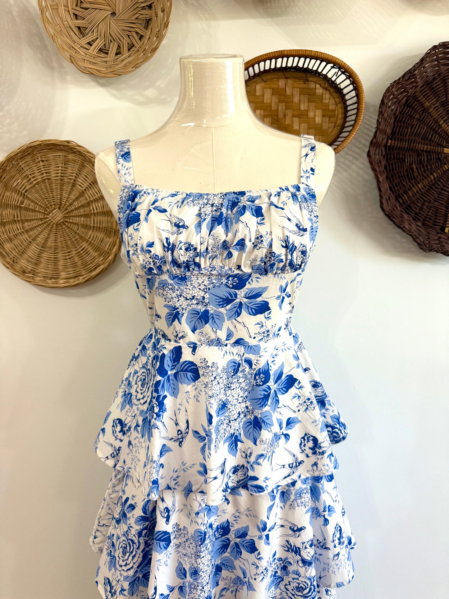 The Nicolette Floral Tiered Ruffle Maxi Dress in Blue & White