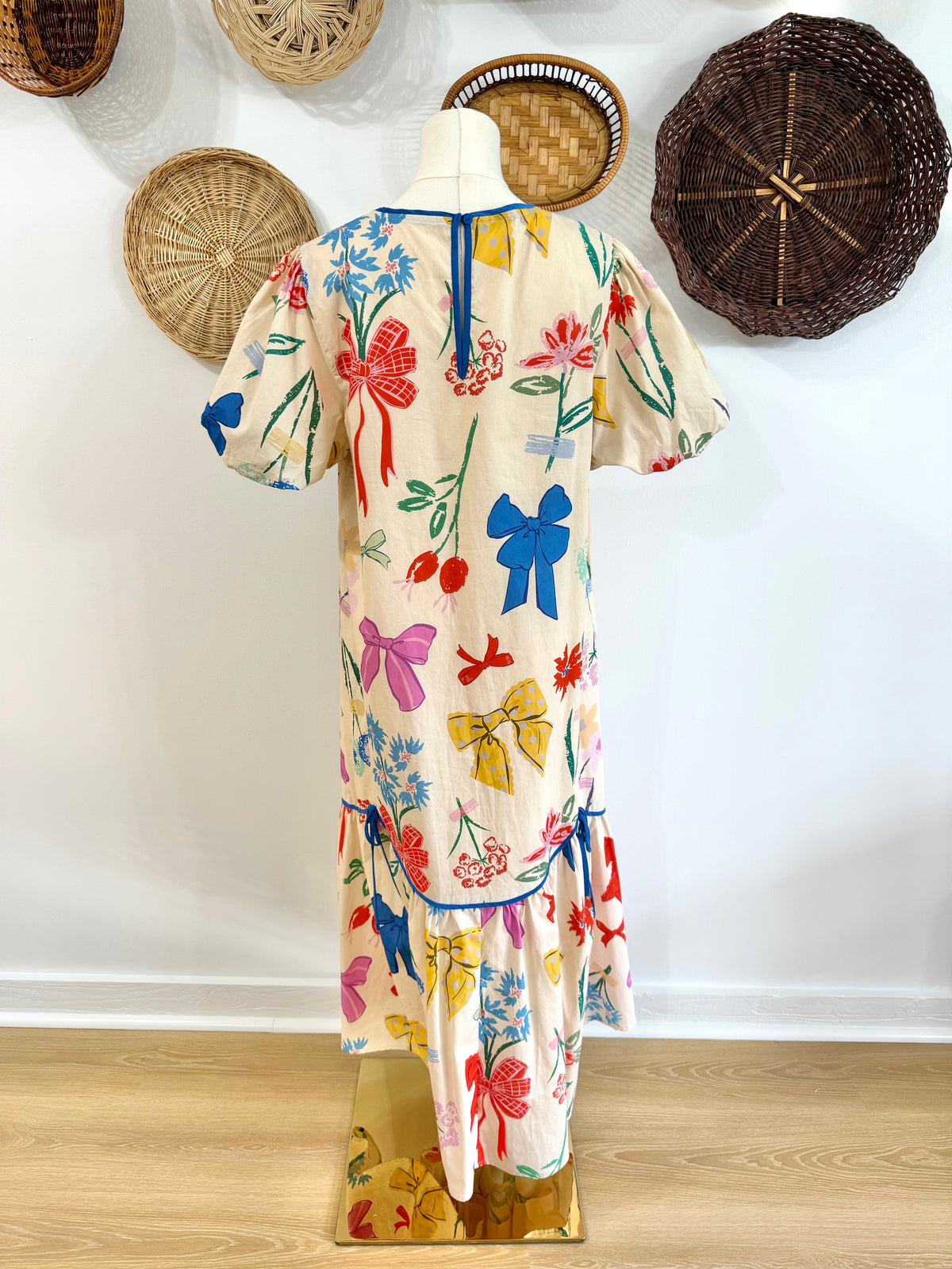 The Romy Bow & Floral Midi Dress in Ivory