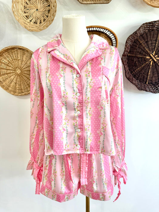 The Maeve Polka Dot & Floral Satin Pajama Set in Pink