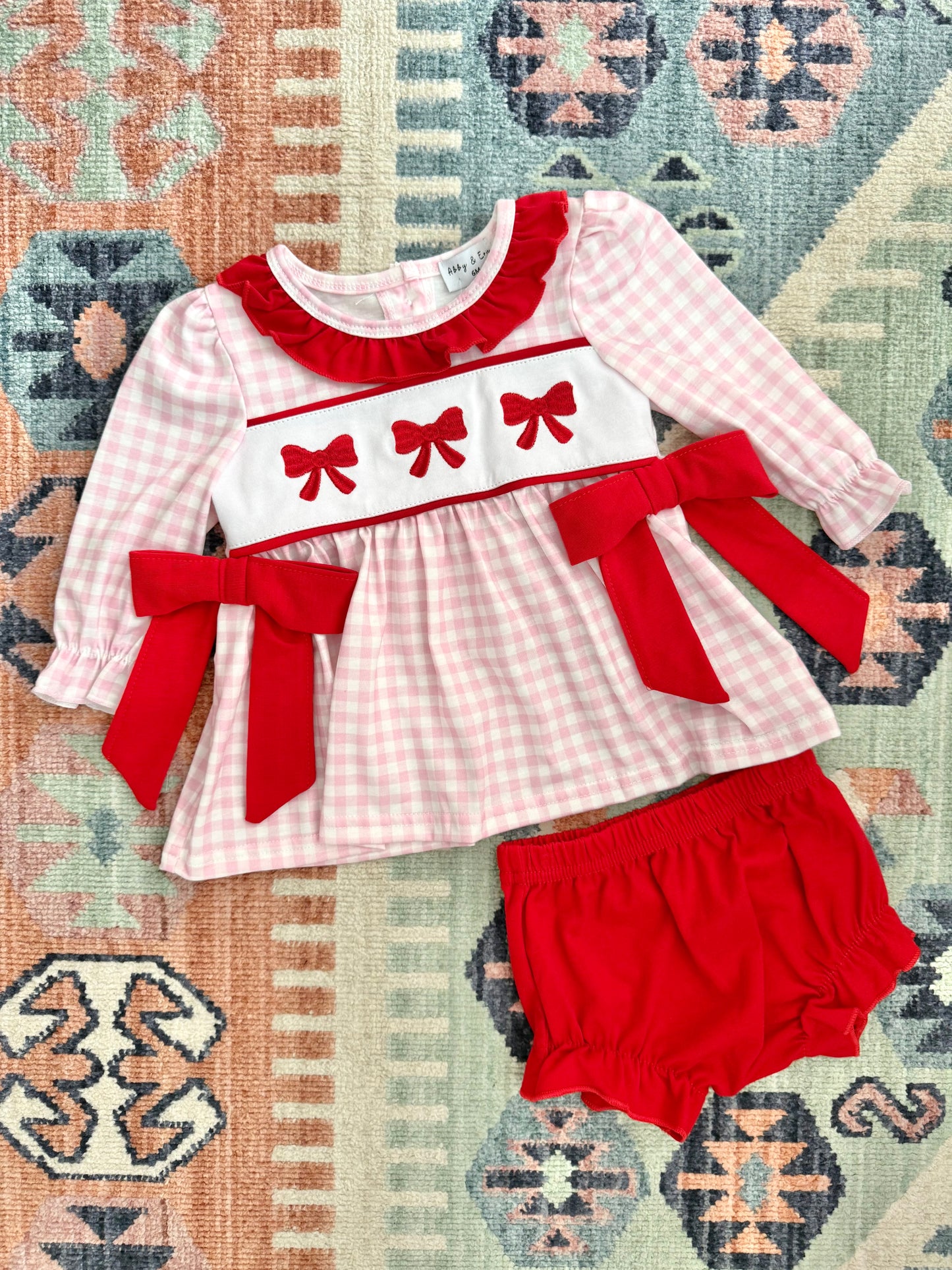 Pink Gingham Bloomer Set with Smocked Red Bow