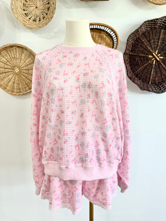 The Patsie Floral Waffle Lounge Set with Lace Detail in Pink