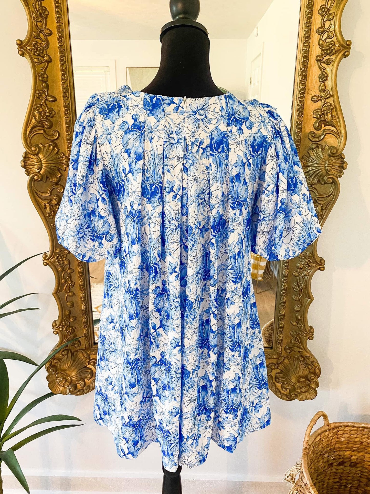 The Brixton White & Blue Floral Dress w/ Bow Detail