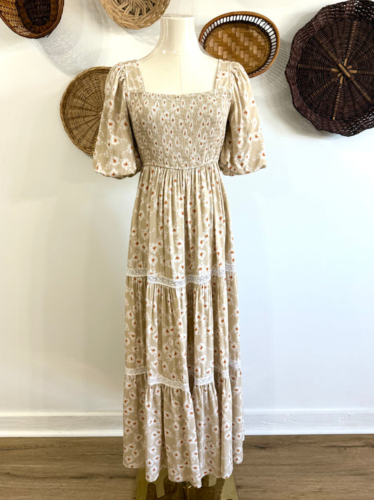 The Ayla Puff Sleeve Floral Maxi Dress in Tan
