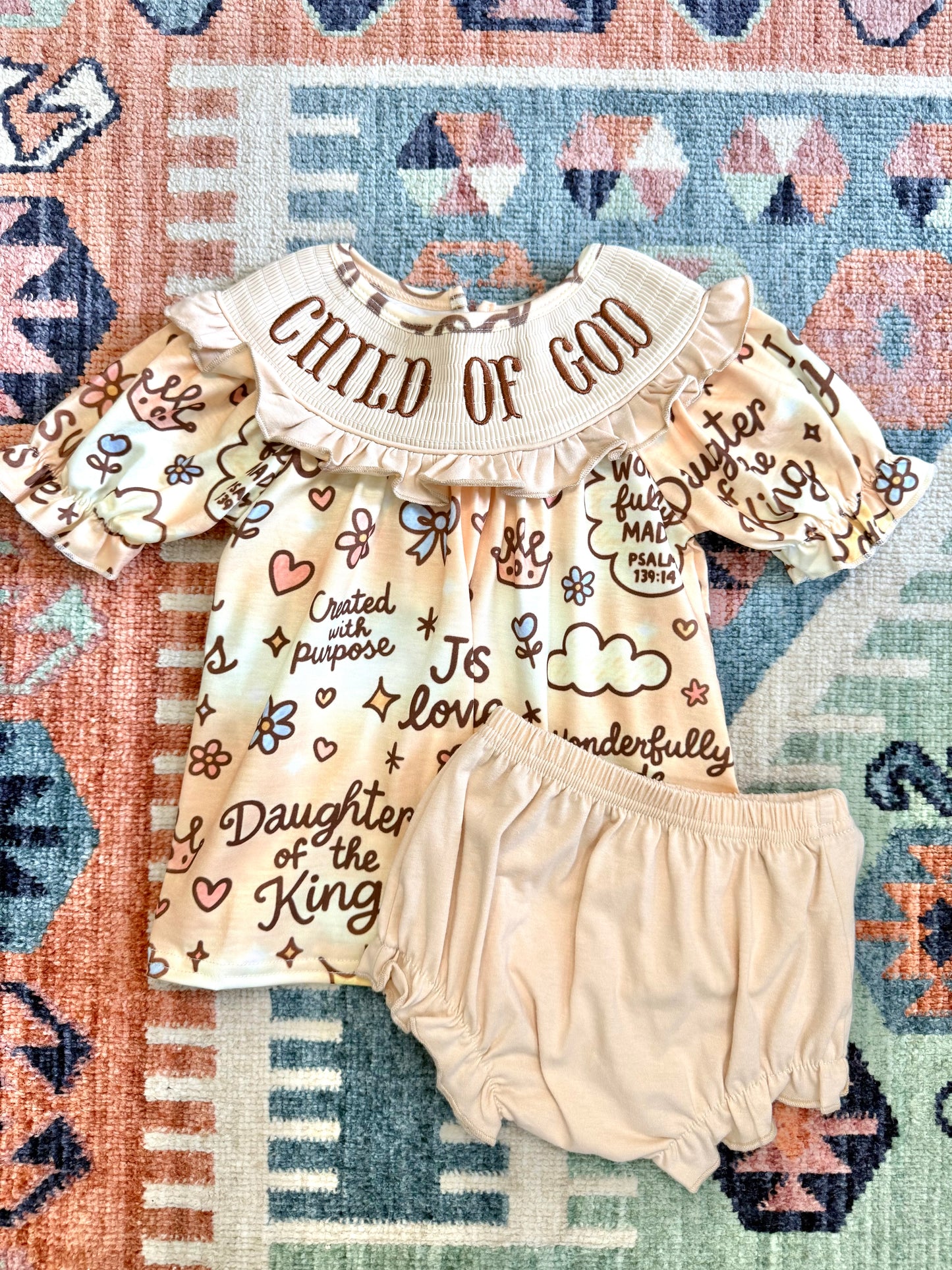 “Child of God” Smocked Ruffle Bloomer set