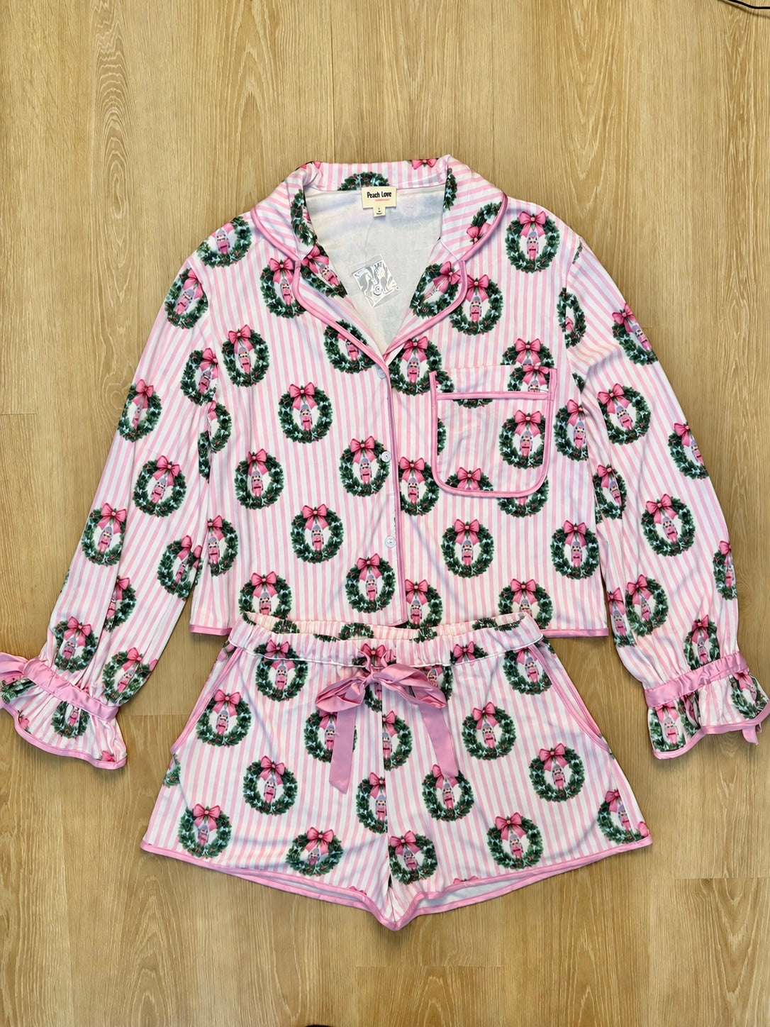 The Juniper Velvet Striped & Nutcracker Pajamas in Pink