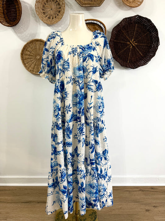 The Piers Eyelet Floral Maxi Dress in Blue & White