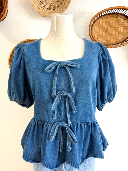 The Rue Bow Peplum Top in Denim