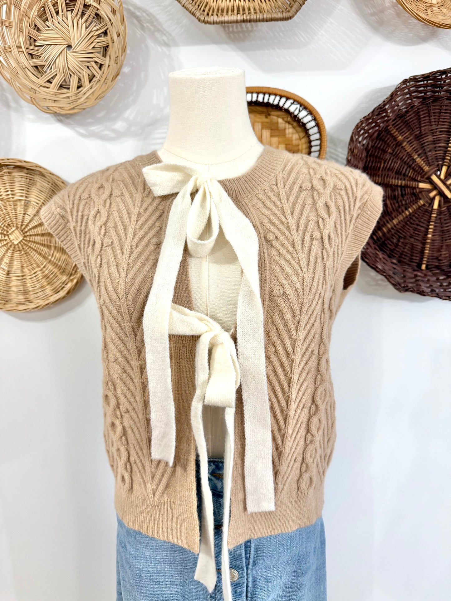 The Julia Cable Knit Bow Tied Vest in Tan