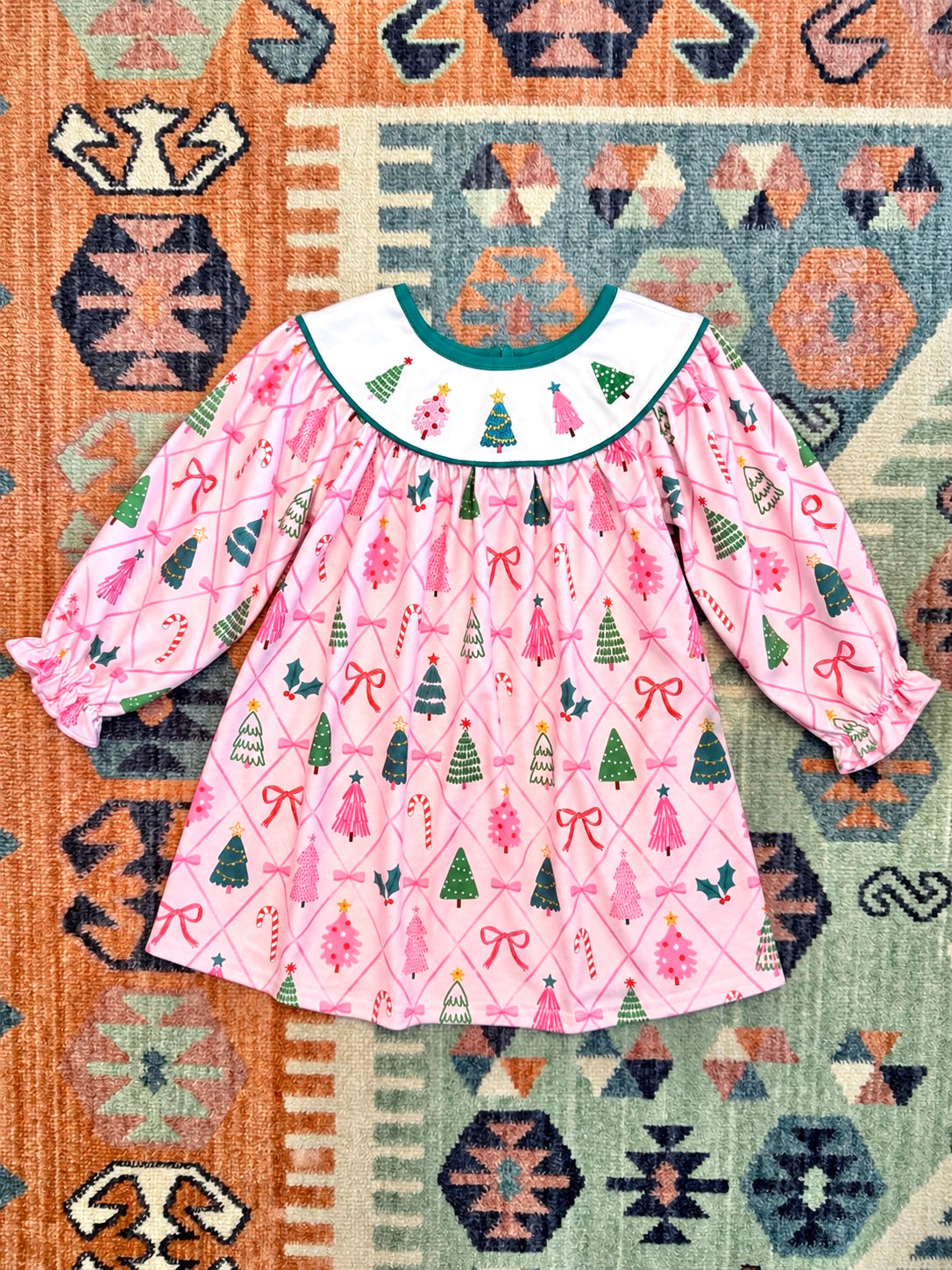 Pink Christmas Tree & Bow Embroidered Dress