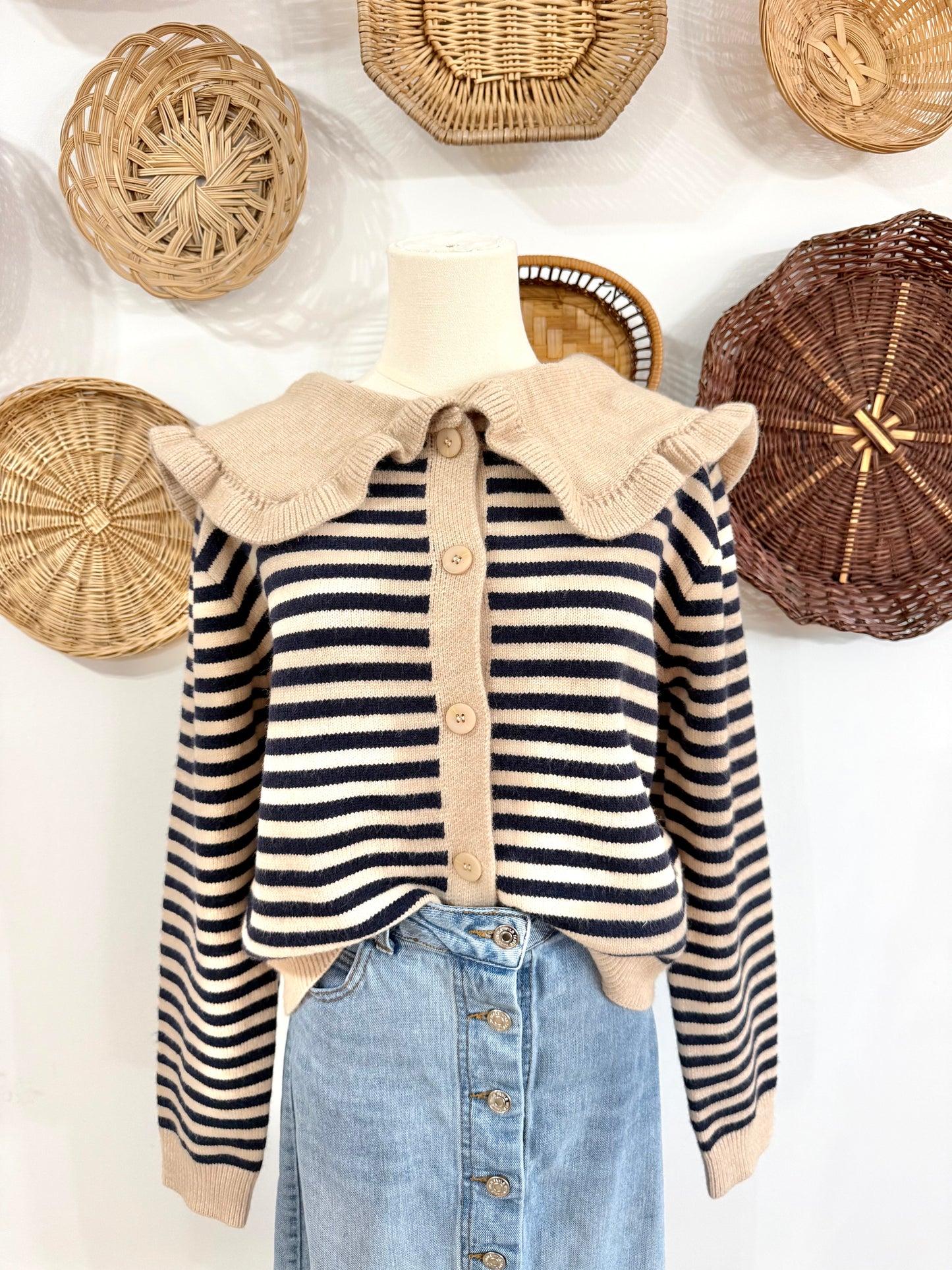 The Kayla Collared Cardigan in Oatmeal & Navy Stripe