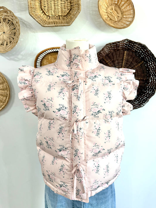 The Ottilie Floral & Bow Detail Puffer Vest in Pink