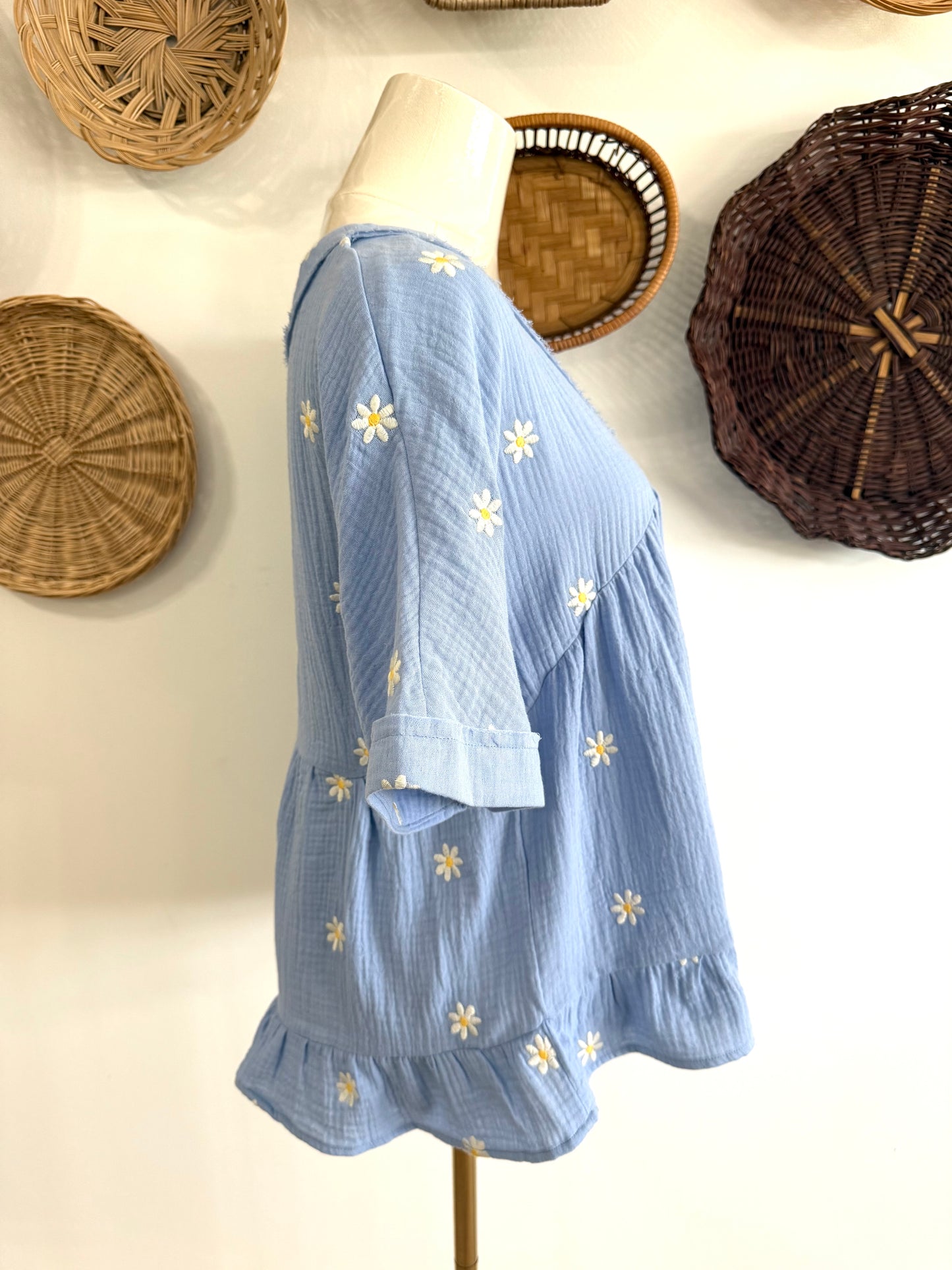 The Luca Gauze Daisy Embroidered Top in Baby Blue