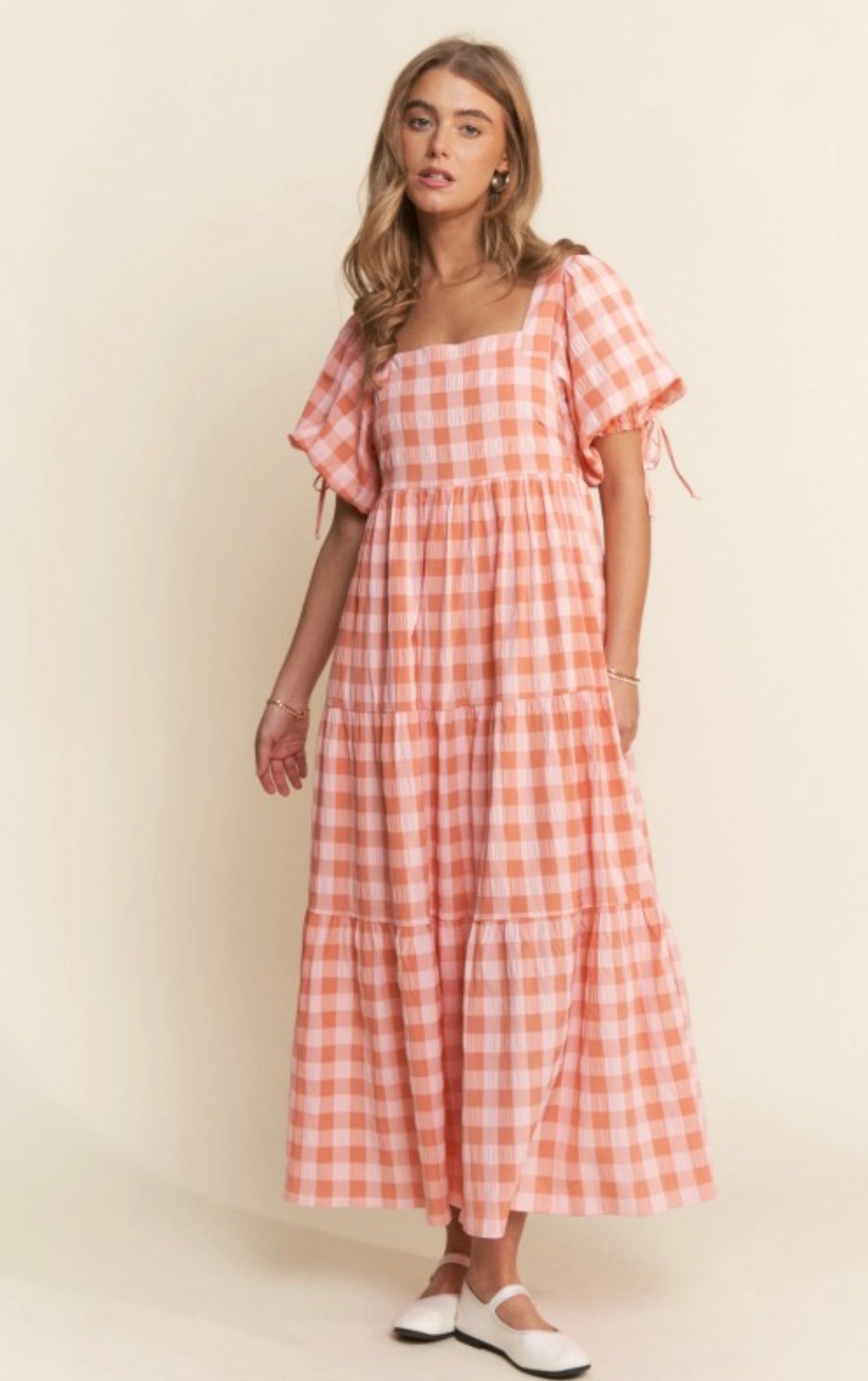 The Ezra Tiered Maxi Dress in Peach Gingham