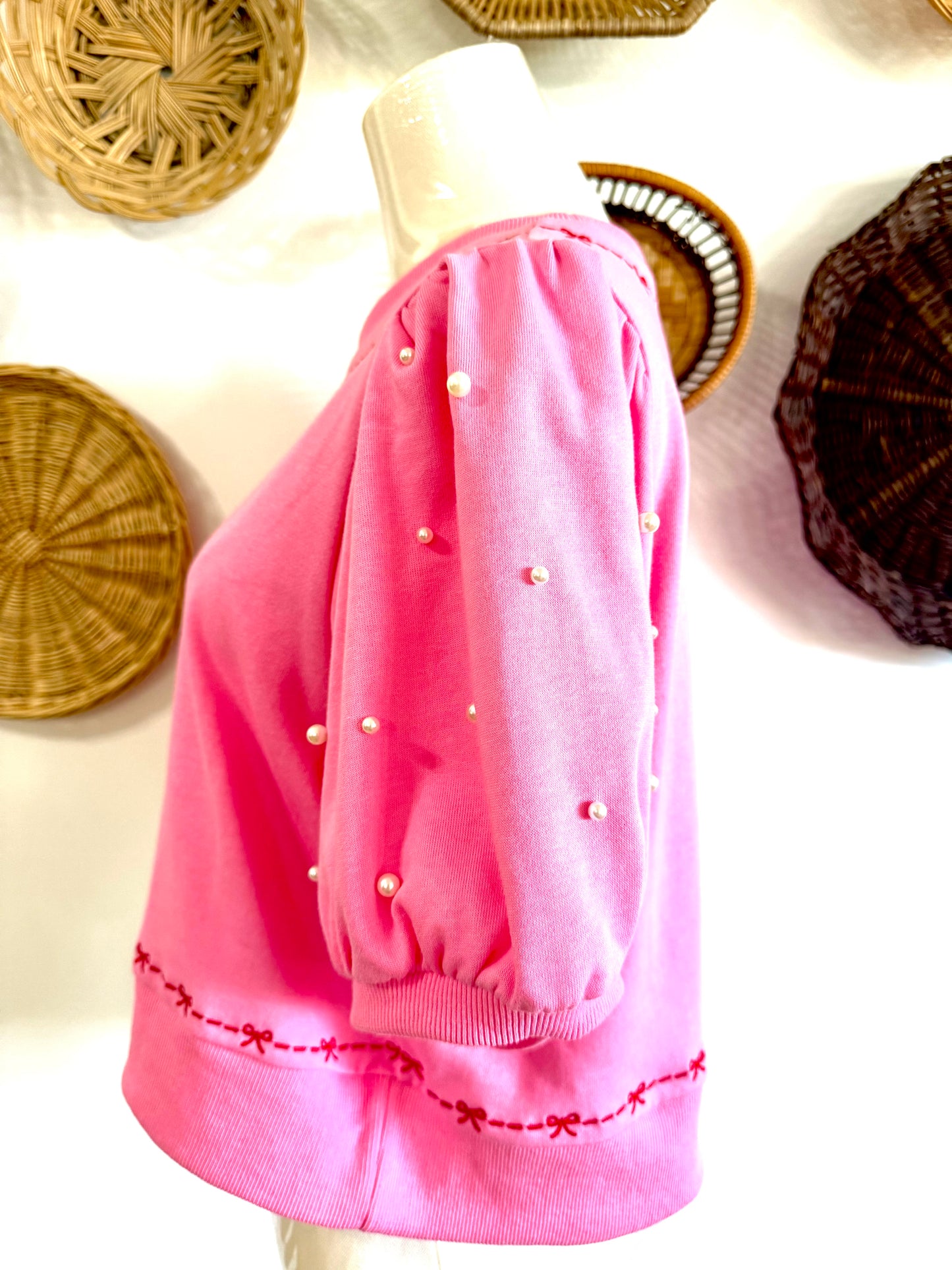 The Stella Bow Embroidered Top w/ Pearl Detailed Puff Sleeves in Pink