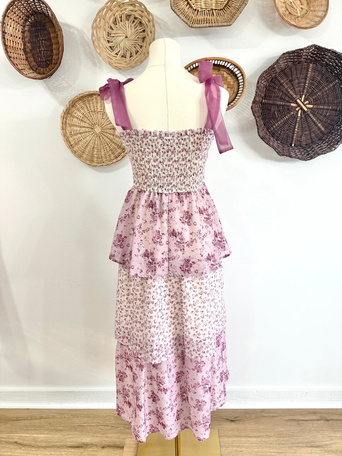 The Carden Ruffle Tiered Floral Maxi Dress in Mauve