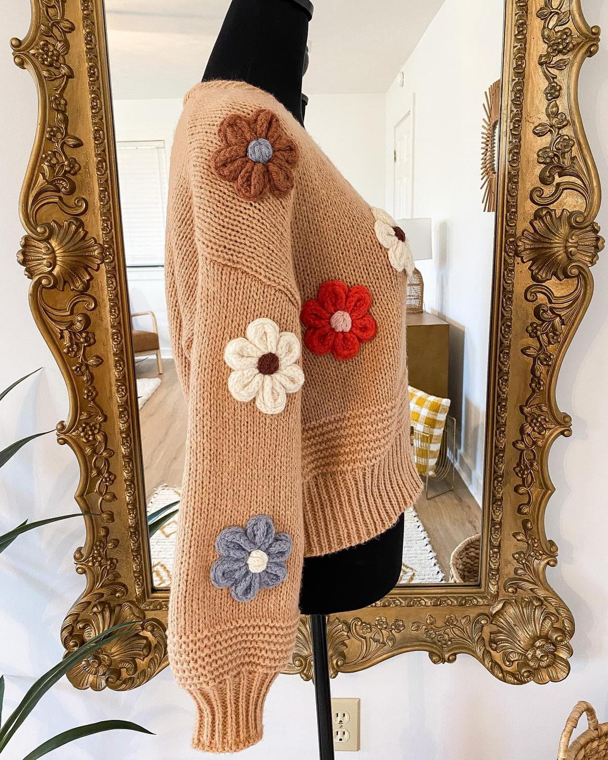 The Lyra Flower Cardigan in Tan