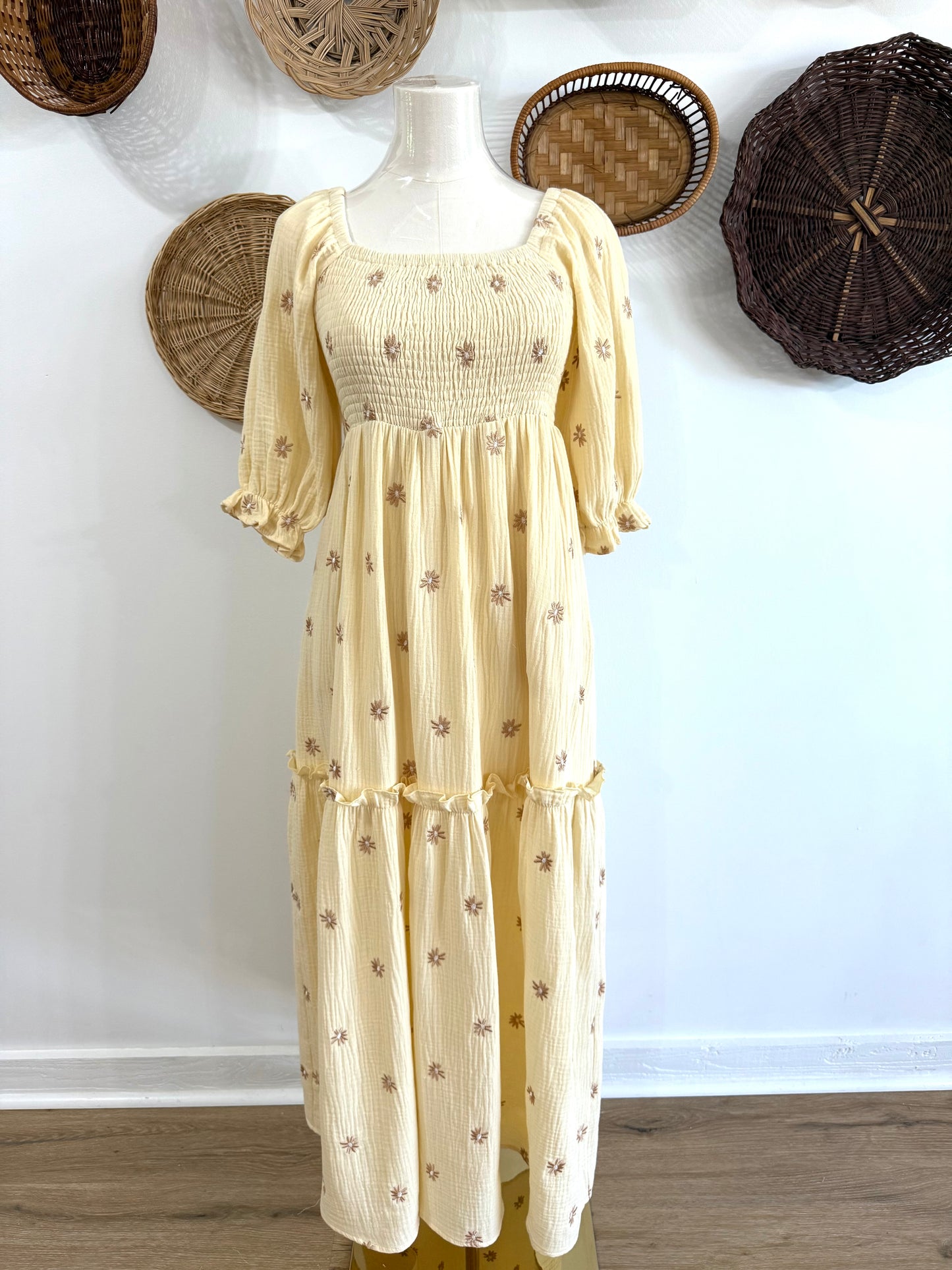 The Vienna Flower Embroidered Maxi Dress in Beige