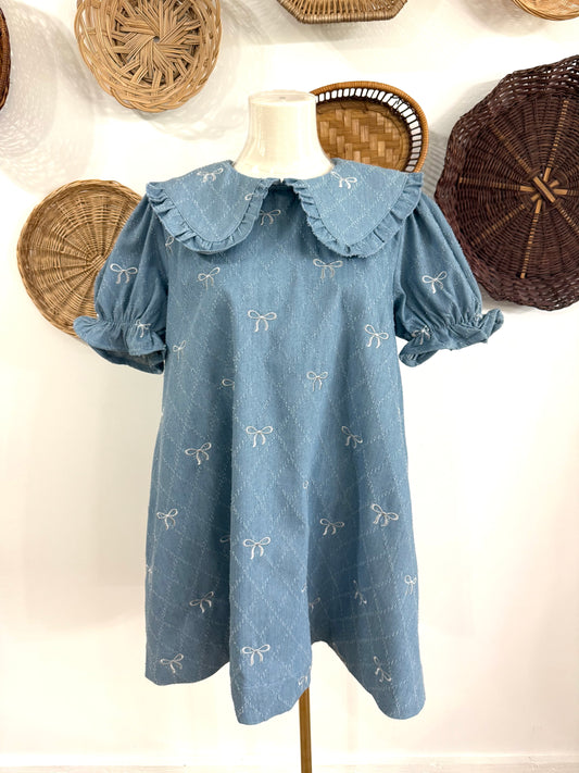 The Kai Bow Embroidered Collared Dress in Denim