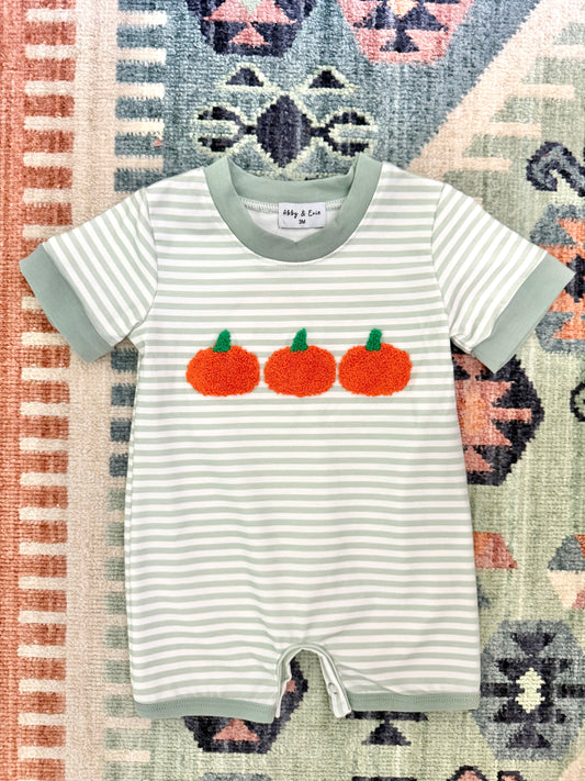 Boy’s Pumpkin French Knot Romper in Sage Stripe Print