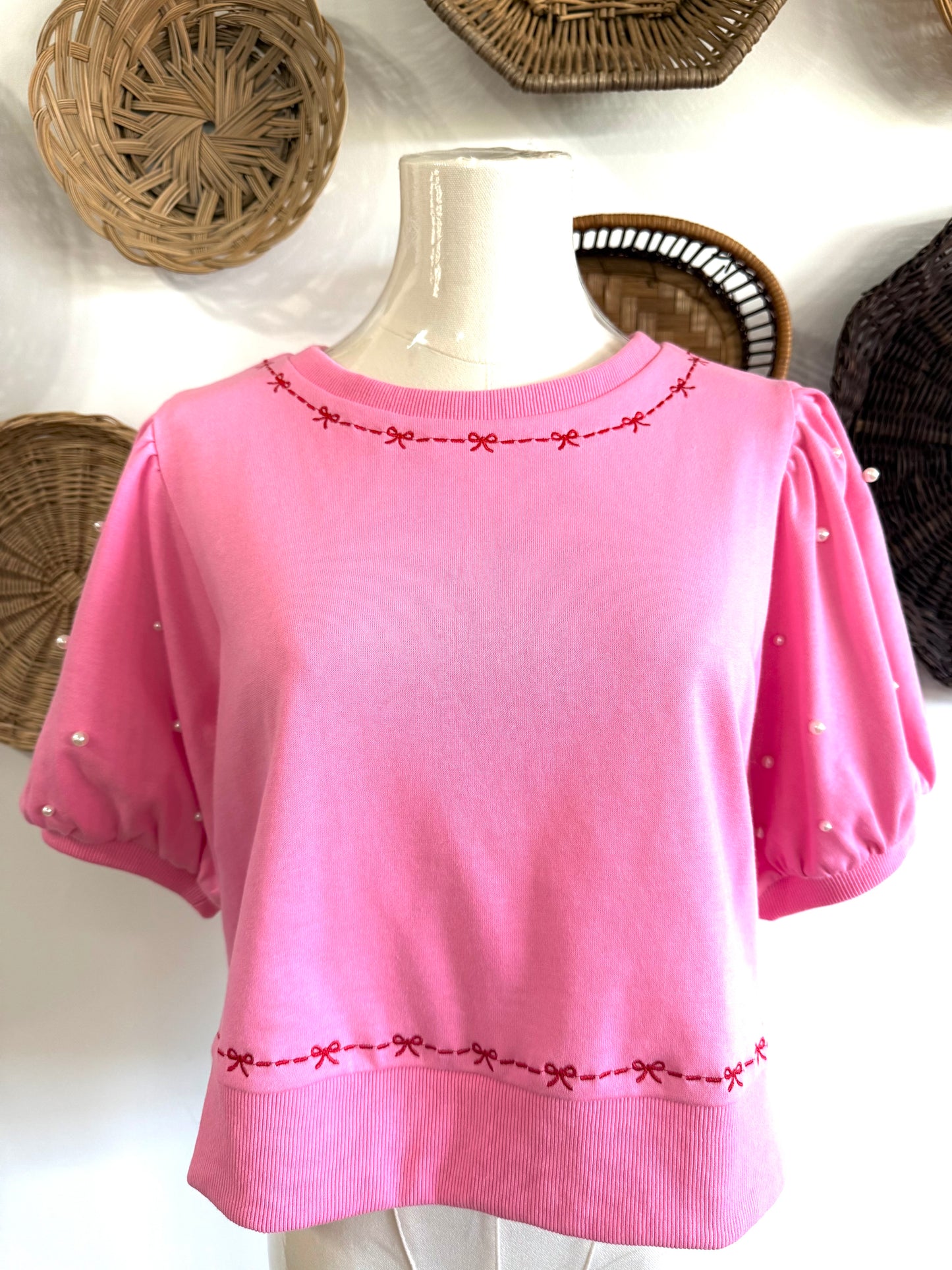 The Stella Bow Embroidered Top w/ Pearl Detailed Puff Sleeves in Pink