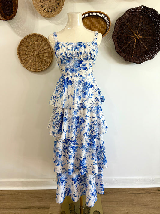 The Nicolette Floral Tiered Ruffle Maxi Dress in Blue & White
