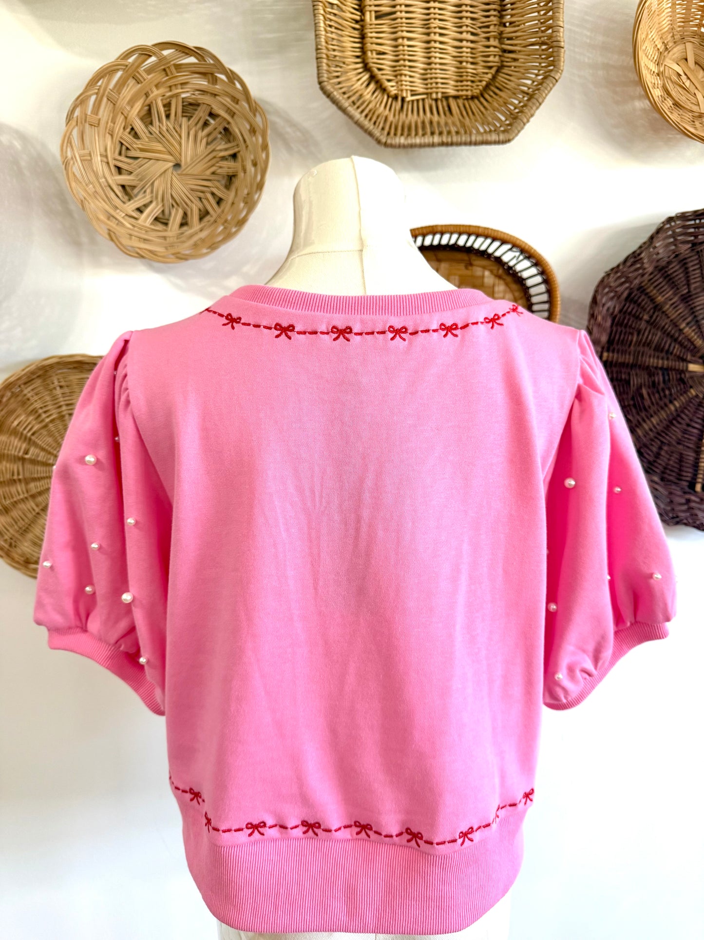 The Stella Bow Embroidered Top w/ Pearl Detailed Puff Sleeves in Pink