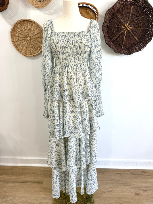 The Paisley Tiered Ruffle Maxi Dress in Cream