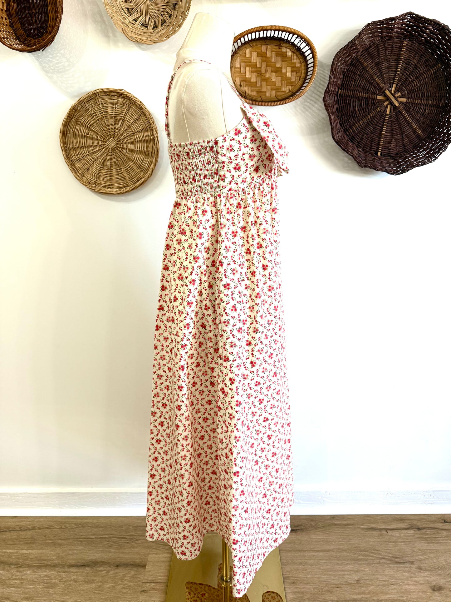 The Talia Pink & Ivory Floral Midi Dress w/ Bow Detail