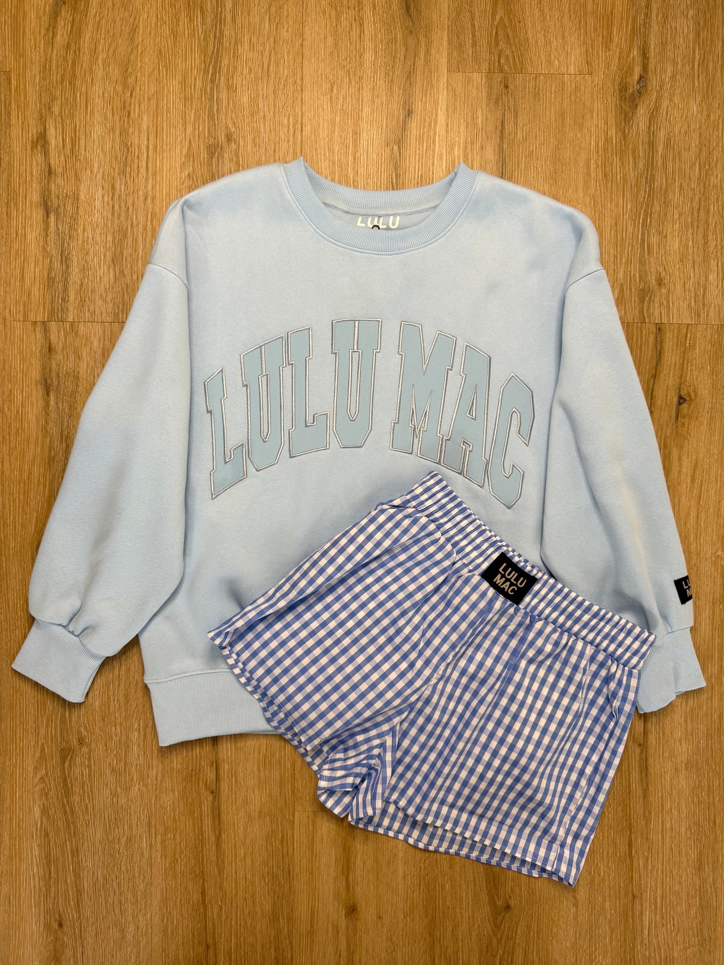 LULU MAC L Set w/ Blue Sweatshirt & Blue Gingham Shorts
