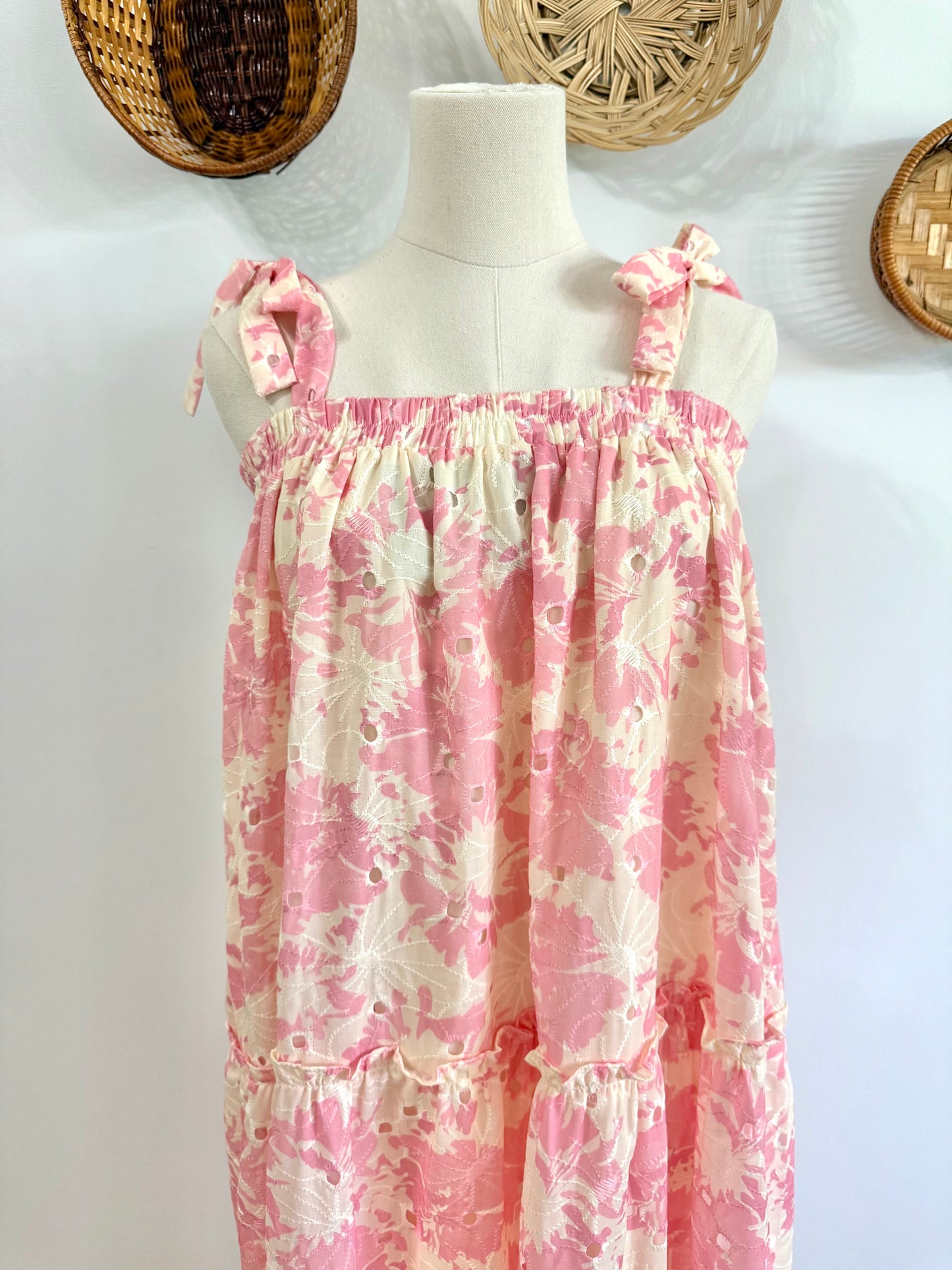The Vayla Floral Eyelet Tiered Maxi Dress in Pink