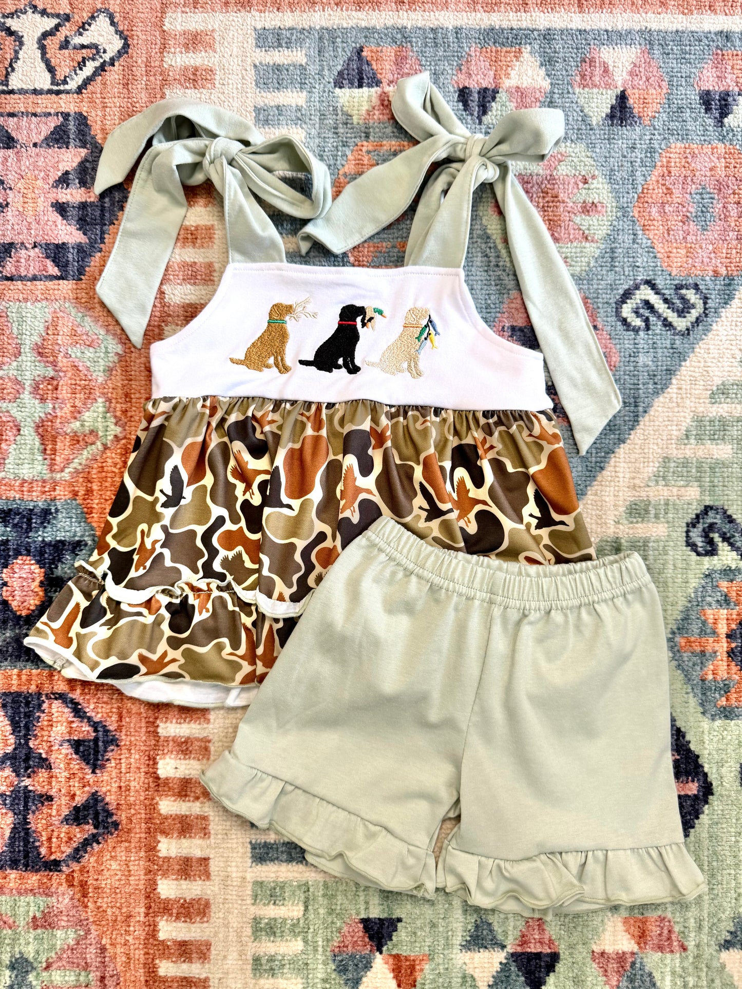 Duck Camo Embroidered Dog Hunting Ruffle Shorts Set