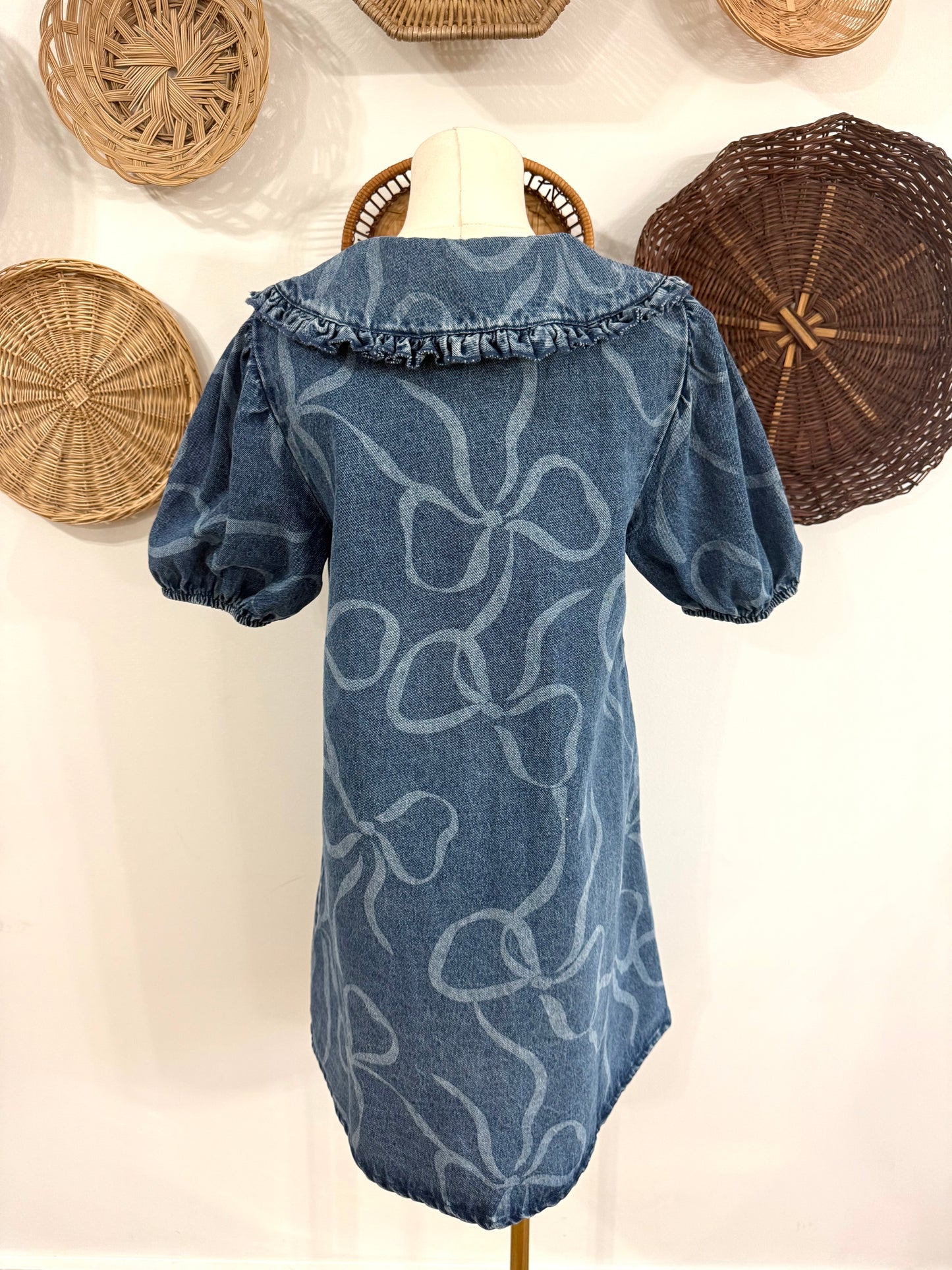 The Brody Bow Print Bib Collar Dress in Denim