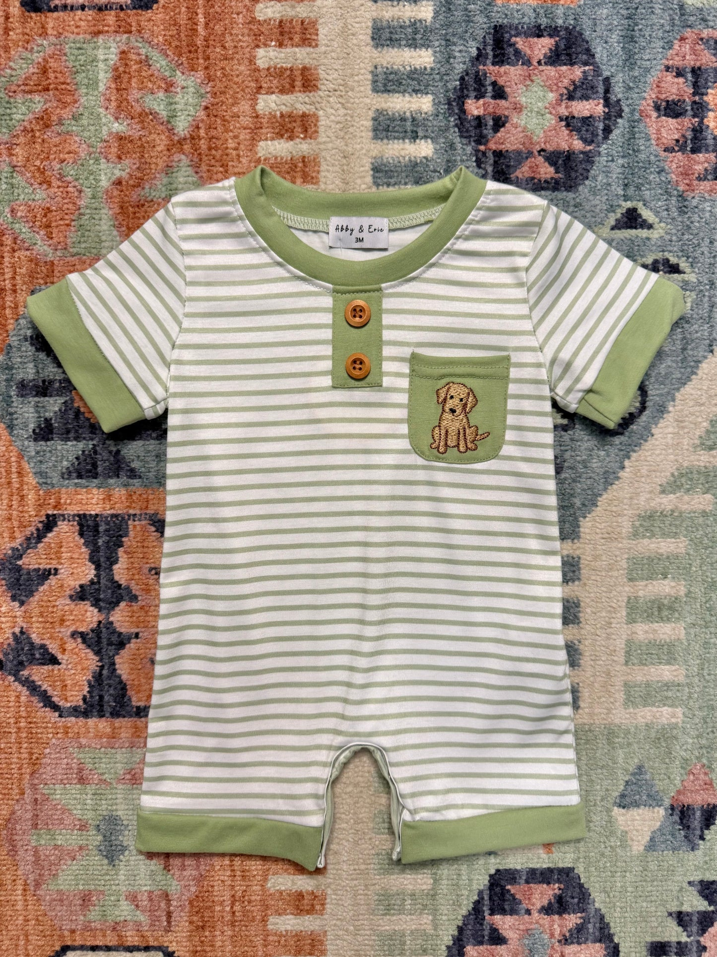 Boy’s Puppy Embroidered Pocket Striped Romper in Sage