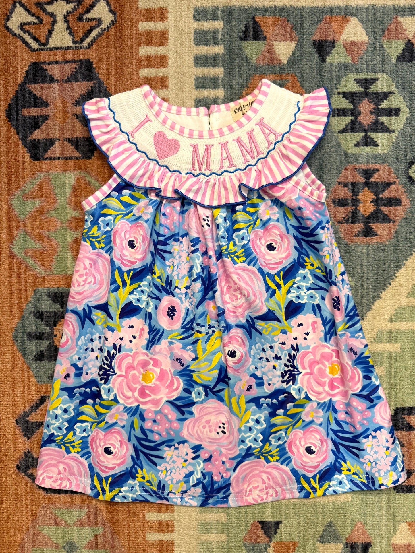 “I 💗 Mama” Smocked Floral & Stripe Dress