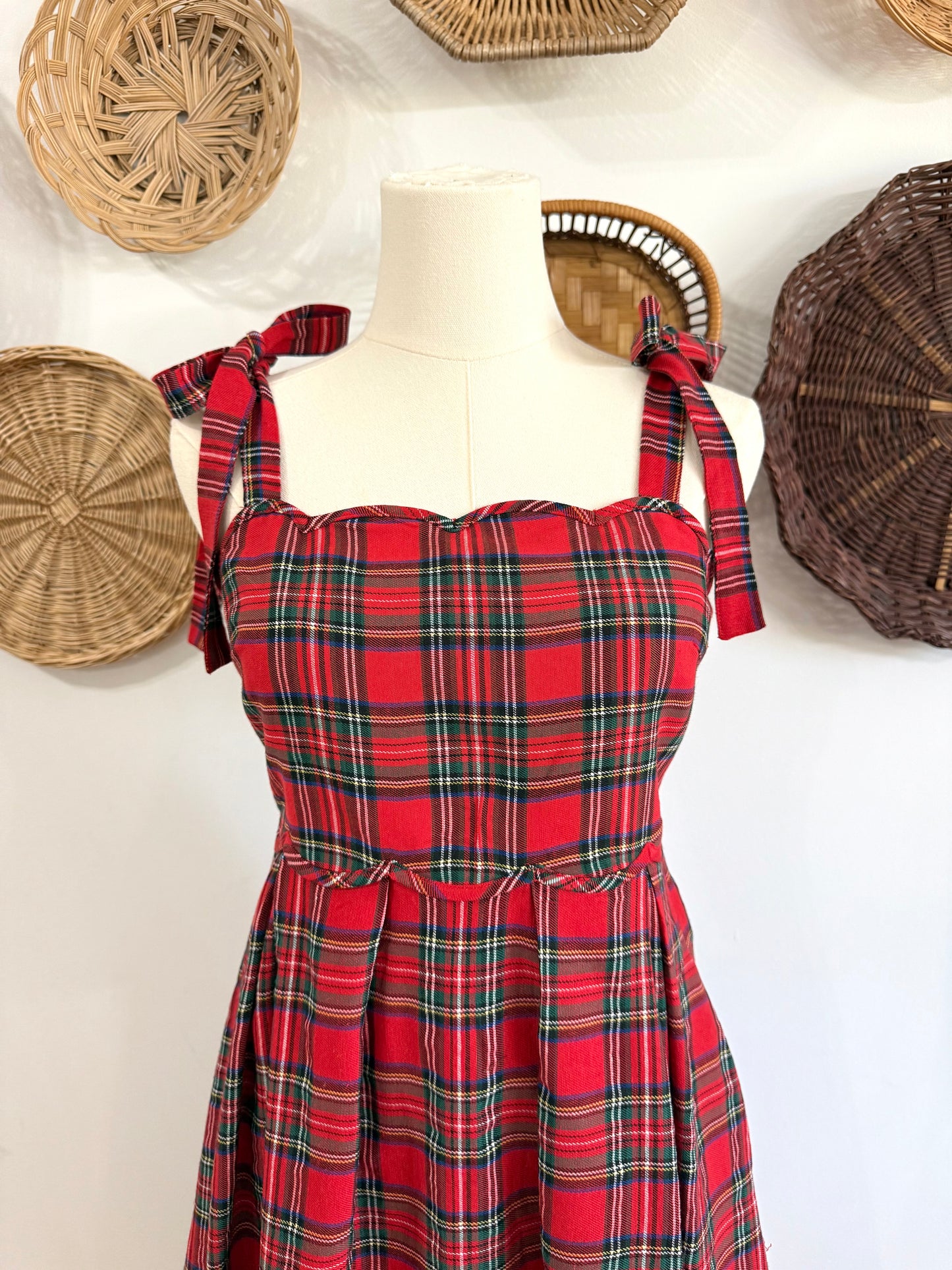 The Claus Scalloped Detail Midi Dress in Red Plaid