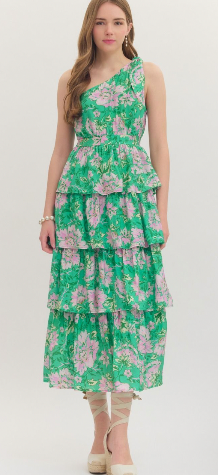 The Linnea Tiered Ruffle Floral Dress in Kelly Green