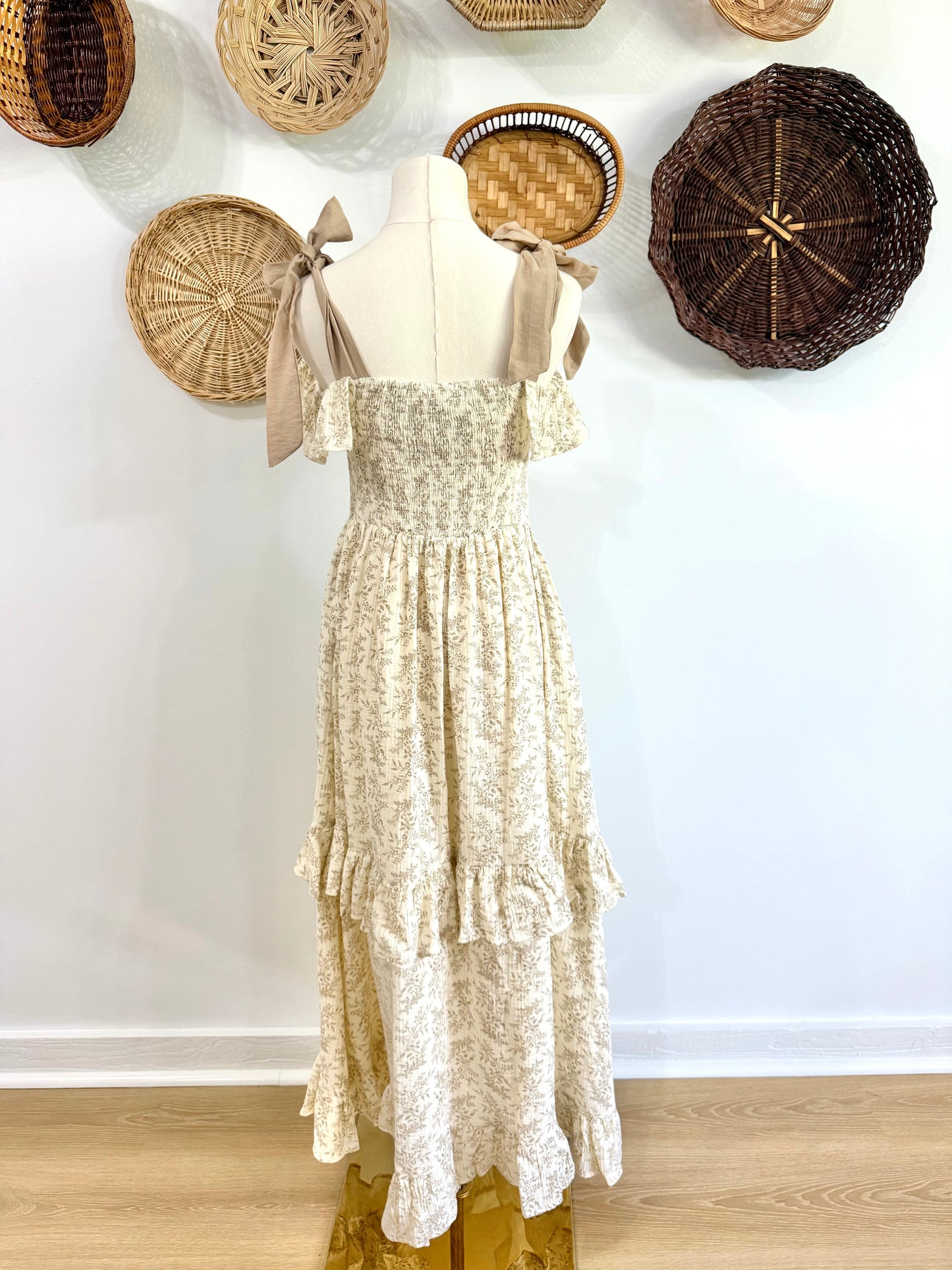 The Jolie Floral Ruffle Maxi Dress in Taupe