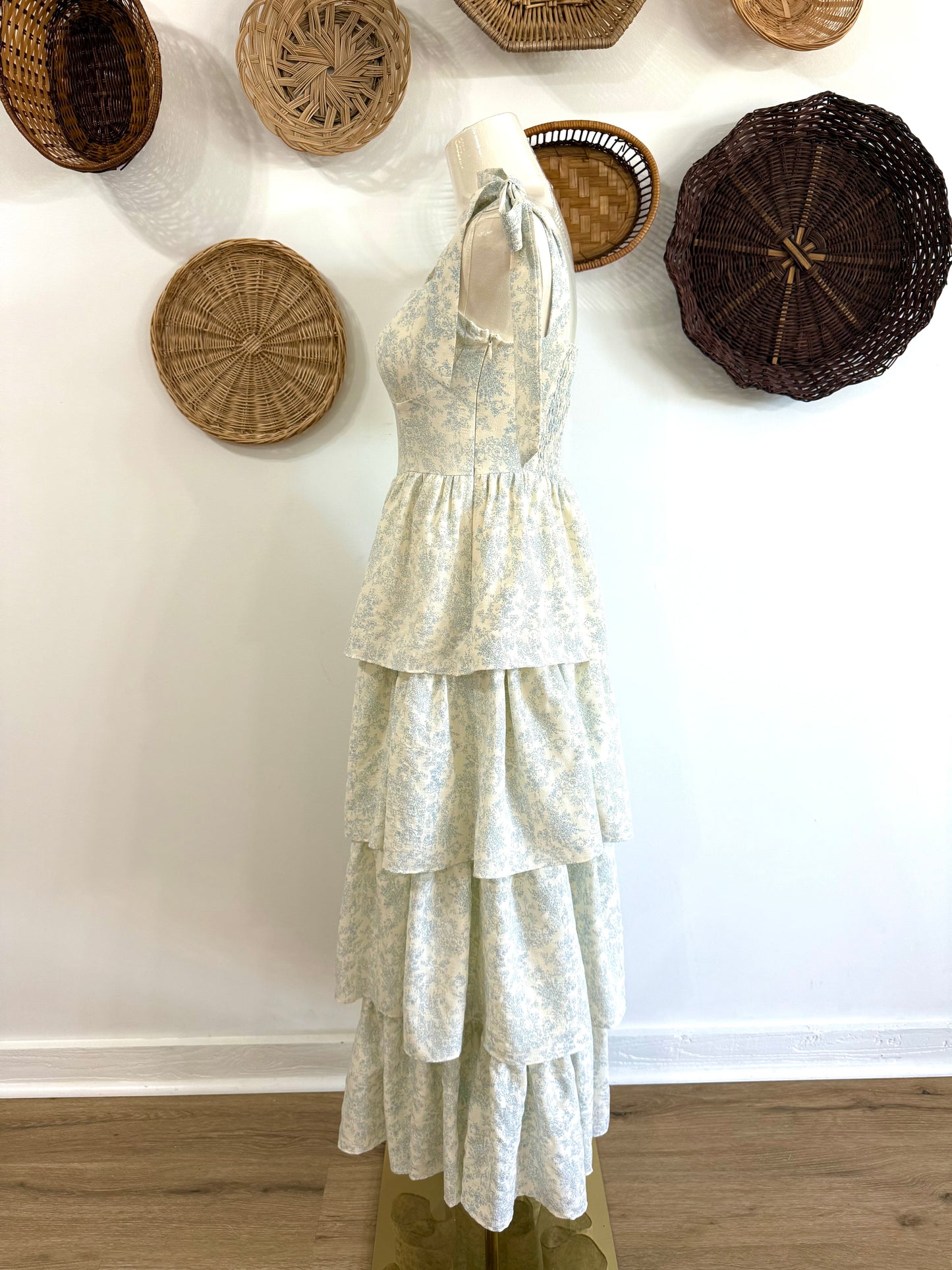 The Shae Floral Ruffle Tiered Maxi Dress in Blue & White