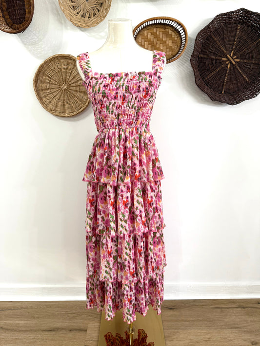The Ellie Floral Pleated Midi Dress in Pink