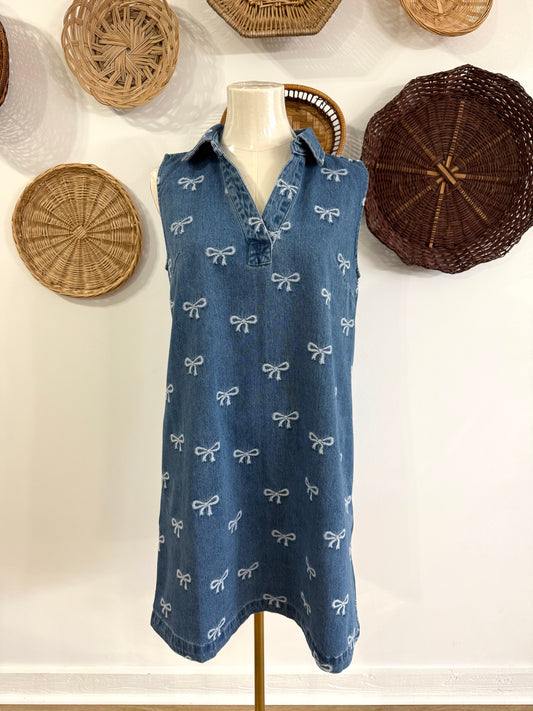 The Linden Bow Print Denim Collared Dress