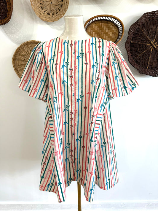 The Mara Striped Bow Print Dress in Ecru