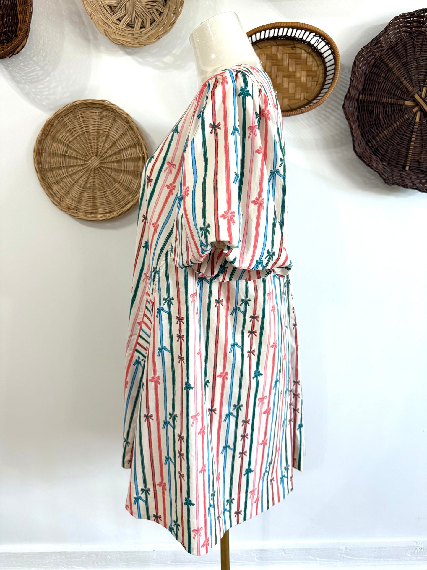 The Mara Striped Bow Print Dress in Ecru