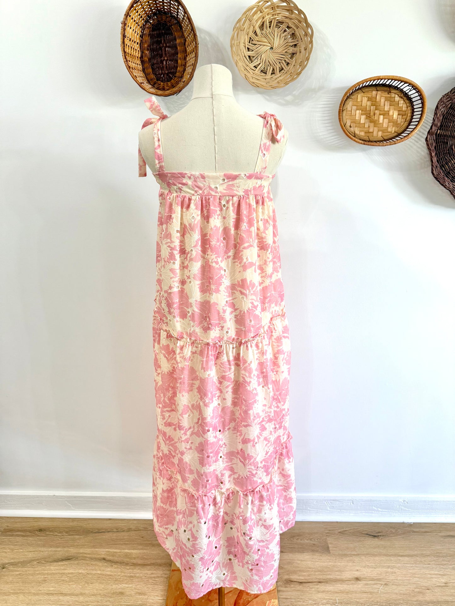 The Vayla Floral Eyelet Tiered Maxi Dress in Pink