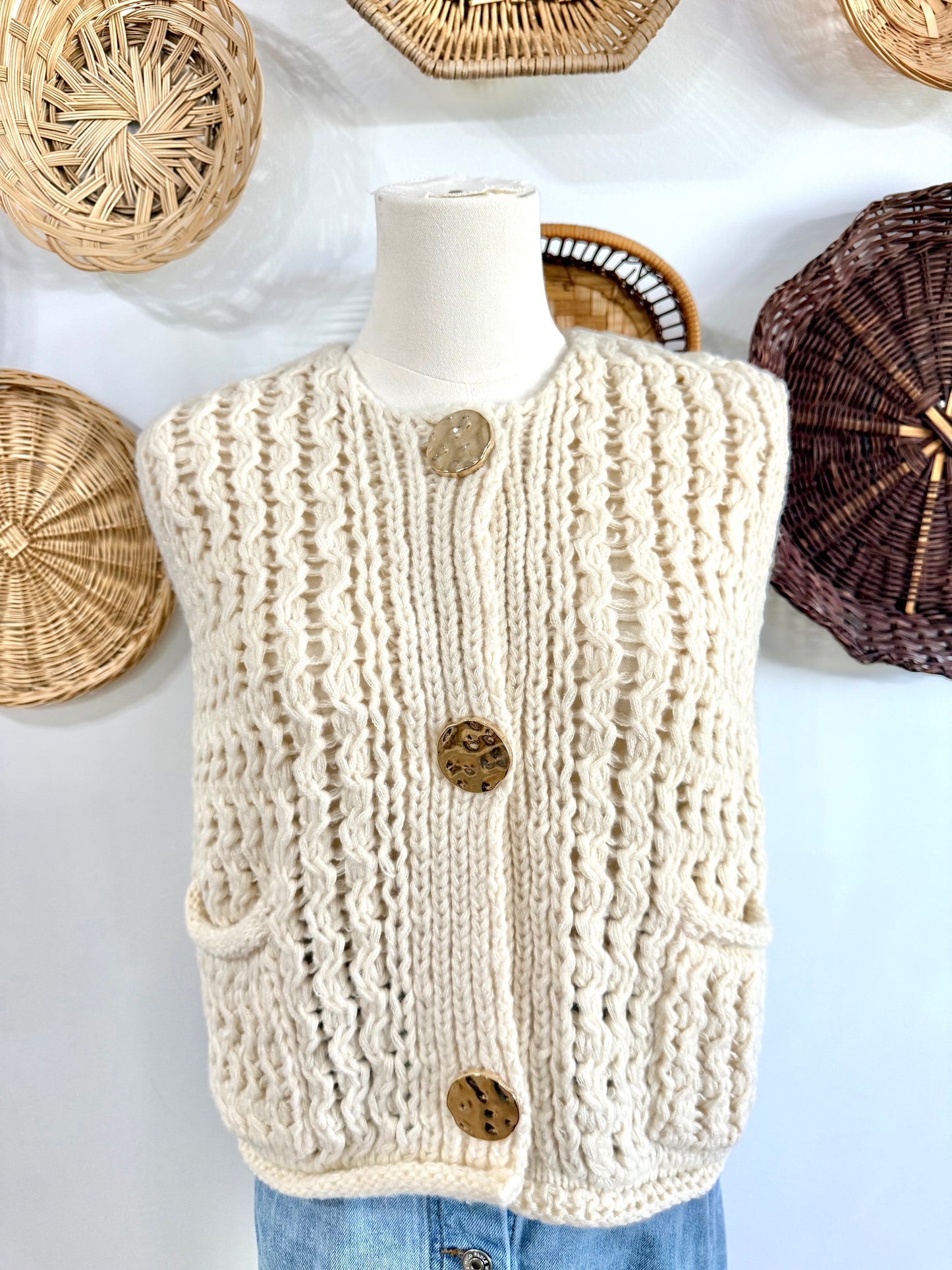 The Mabel Button Up Sweater Vest Top In Cream