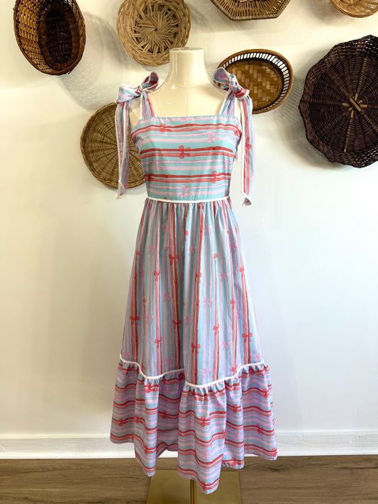 The June Bow Print Tie Shoulder Midi Dress in Blue & Pink