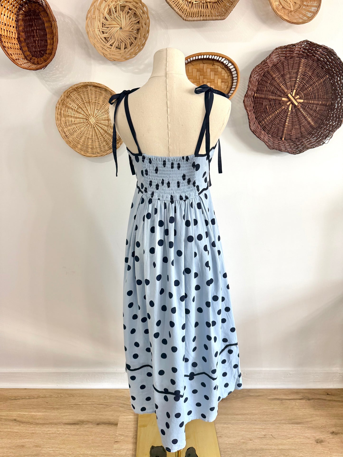 The Vera Scallop Detail Polka Dot Midi Dress in Blue