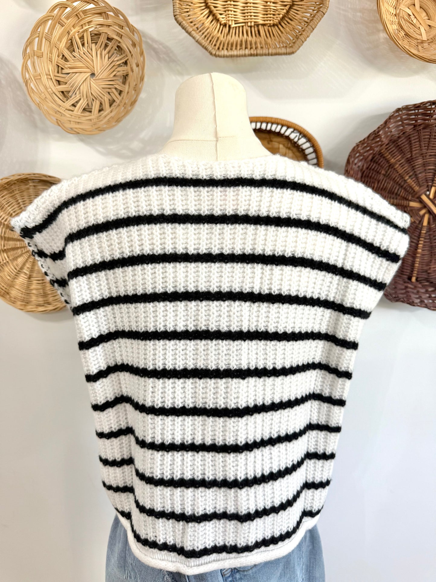 The Mabel Button Up Sweater Vest Top In White & Black Stripe