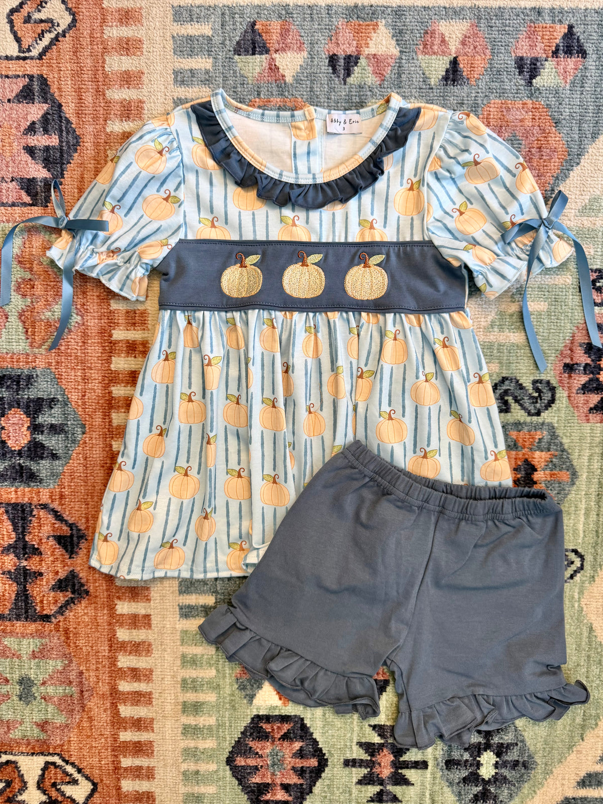 Blue & Tan Embroidered Pumpkin Ruffle Shirts Set