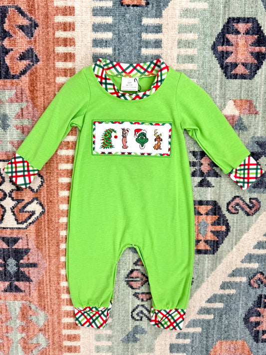 Boy’s Grinch Embroidered Appliqué Romper in Green
