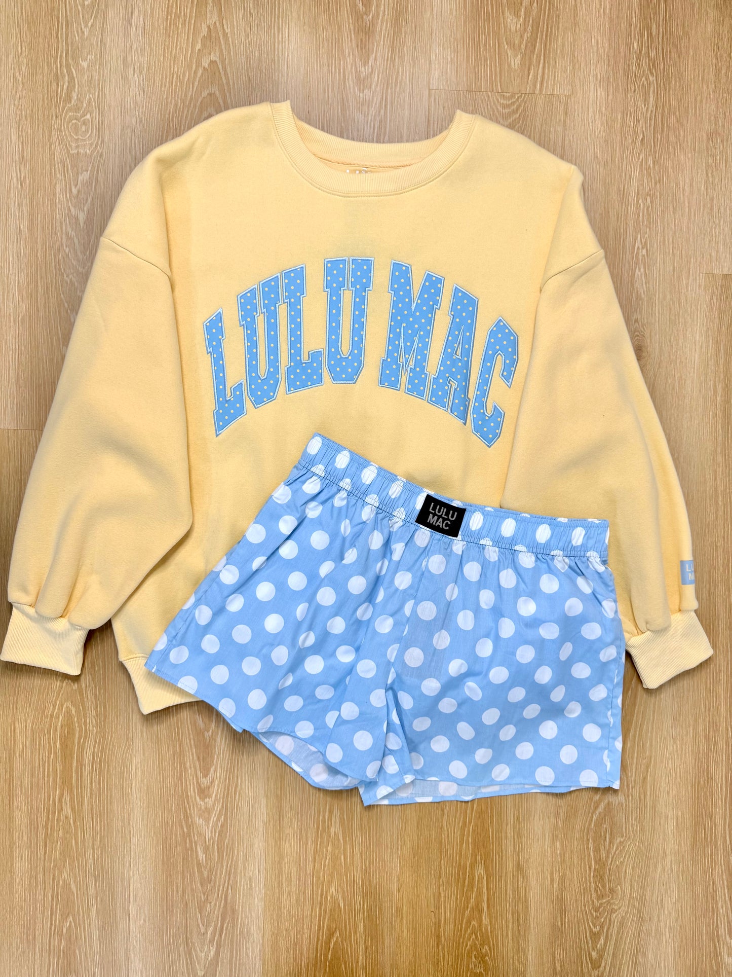 LULU MAC XXL Set w/ Butter Yellow Polka Dot Sweatshirt & Light Blue Polka Dot Shorts